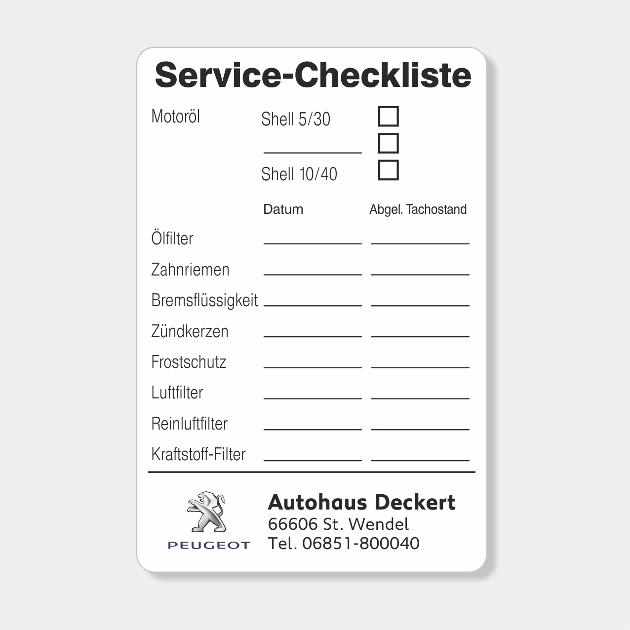 Service-Checkliste aus PVC-Folie, selbstklebend, Größe: 60 x 90 mm